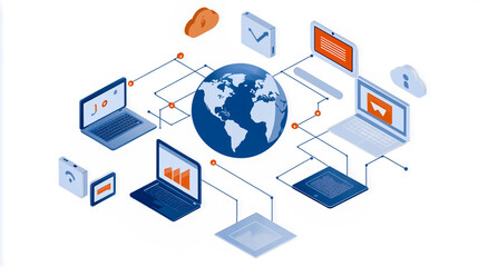 Illustration of various devices, like laptops and smartphones, connected to the internet with global connections.