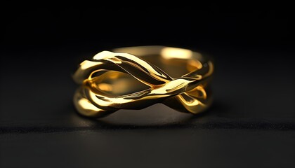 Elegant close-up of a unique twisted gold ring against a sleek black backdrop