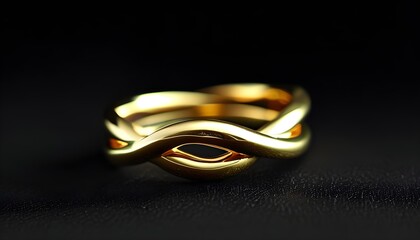 Elegant close-up of a unique twisted gold ring against a sleek black backdrop