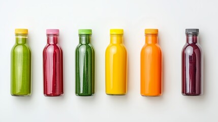 a set of clear glass bottles filled with colorful juices