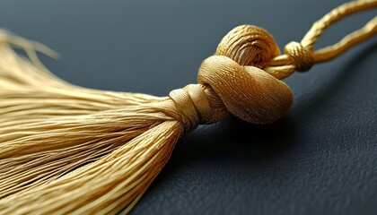 Elegant close-up of a golden tassel showcasing intricate knotted top and luxurious fluffy texture