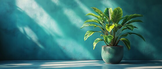 Wall Mural - Lush green plant in a turquoise pot against a textured wall.