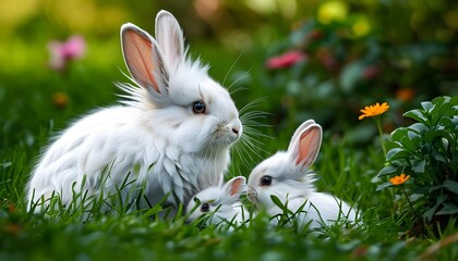 Charming white rabbit family nestled in a lush green garden