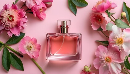 Wall Mural - Elegant perfume bottle surrounded by delicate floral accents on a soft pink backdrop