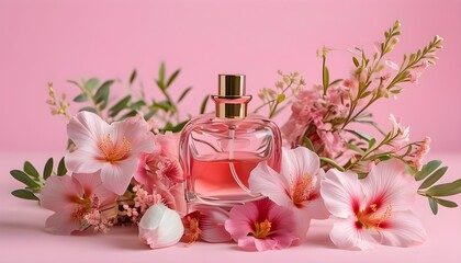 Wall Mural - Elegant perfume bottle surrounded by delicate floral accents on a soft pink backdrop