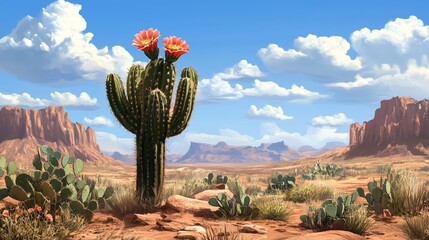 a vibrant cactus blooms under a clear blue sky in the desert landscape showcasing mountains and dist