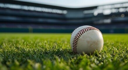 Close-up of a baseball on grass, with a stadium in the background.