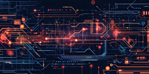 Wall Mural - futuristic circuit board design with neon lights and digital patterns.