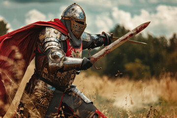 A knight in full armor is holding a sword and is about to attack