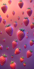 A colorful digital illustration featuring numerous strawberries floating against a vibrant pink-to-purple gradient background, symbolizing freshness and summer vibes.