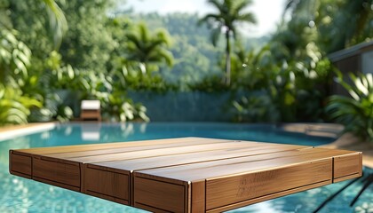 Wall Mural - Serene wooden table overlooking a stunning photorealistic swimming pool setting