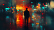 © Thiago - Abstract blurred silhouette of a man in rain on night street in impessionist style. concept of lonely modern city for a poster, for music album or book cover. Lost City. Illustration