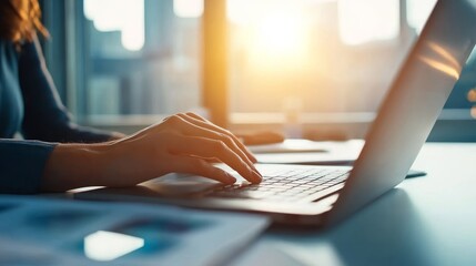 Wall Mural - Business Person Working on Laptop with Sunset Light