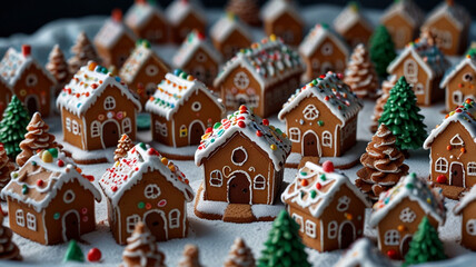 A photo of realistic gingerbread houses in the city. Gingerbread houses are decorated with candies, chocolates, marshmallows, and other sweets. The ground is covered with icing sugar and looks snowy.