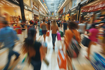 A busy shopping mall with people carrying luggage and shopping bags