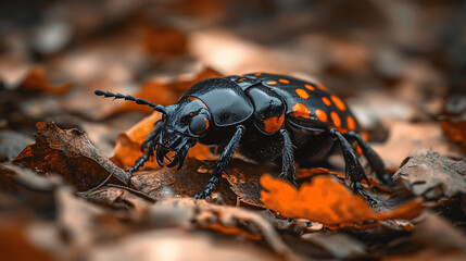 Wall Mural - Black and Orange Beetle on Fall Leaves