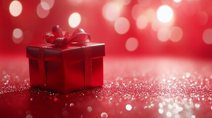 Red Christmas present with bow and ribbon. Gift box with festive illumination lights on a red  glitter blurred background. Snow and lights. Merry Christmas,  valentine’s day and Happy New Year concept