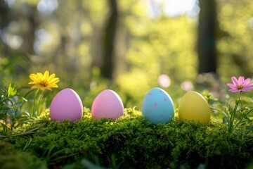 Colorful easter eggs on green moss background with bokeh. Colorful easter eggs on green moss with pink spring flowers in the forest. geneative ai