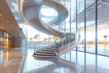 Sticker - A spiral staircase in a large, open space with a lot of windows