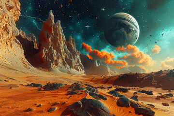 Wall Mural - A rocky desert landscape with a large planet in the sky