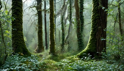 Serene moss-draped tree amidst vibrant forest greenery and diverse woodland flora