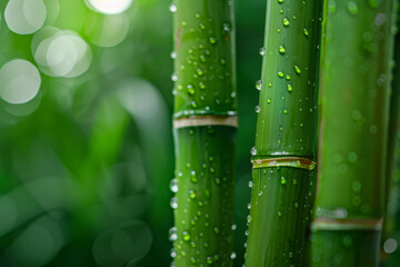 Wall Mural - A group of green bamboo plants with droplets of water on their leaves