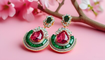 Wall Mural - Elegant earrings featuring precious gems showcased against a soft pink backdrop