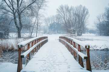 Wall Mural - A bridge over a frozen river with snow on the bridge