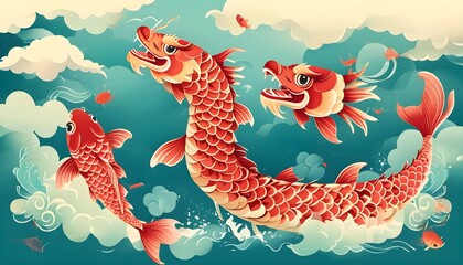 Wall Mural - Dynamic dragon boat race during the Dragon Boat Festival with serene clouds and vibrant koi in the background, vector illustration