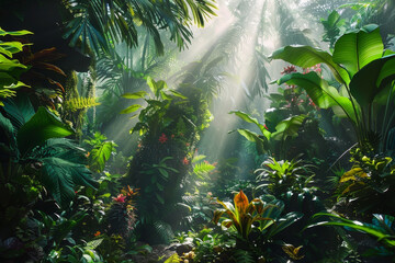 Wall Mural - A lush jungle with sunlight shining through the trees