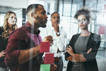 Poster - Sticky notes, thinking and brainstorming of group, office and collaboration of employees for stock market. Discussion, trader and people with ideas, ambitious and planning for investment opportunity