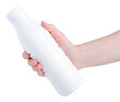 © Kabardins photo - White plastic bottle of milk yogurt in hand on white background isolation