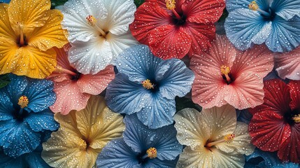 Vibrant Hibiscus Flowers with Water Droplets Background