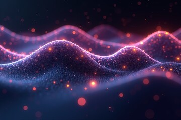 Wall Mural - futuristic glowing particle waves with neon highlights in dark space.