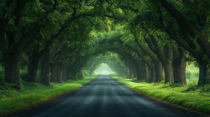 Top view of a country road with pine trees arching overhead, forming a natural tunnel, realistic