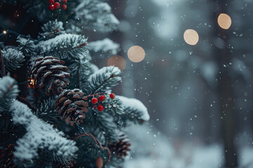 Wall Mural - A Christmas tree with snow on it and red berries