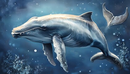 Wall Mural - Enchanting marine creatures: dolphin and whale artwork embodying a healing system in a vibrant fantasy setting