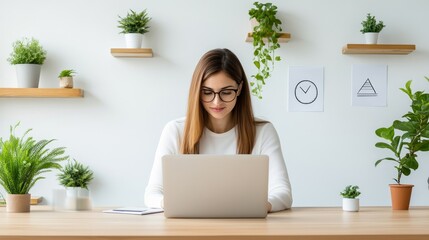 Wall Mural - Woman Working on Laptop in a Bright Workspace