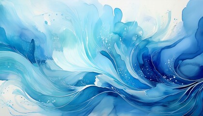 Wall Mural - Soft blue watercolor canvas featuring artistic splashes, color swirls, and textured paper finish