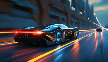 Futuristic sports car racing through the night with dynamic speed lines and advanced technology elements