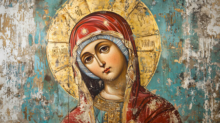 The icon of the Virgin Mary in Byzantine style features a golden eagle on her head, set against a blue background, with her eyes gazing forward with care and maternal love.