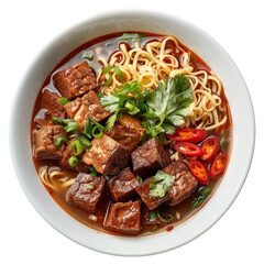 Wall Mural - Delicious bowl of beef noodles with herbs and spices, isolated on white background, transparent background