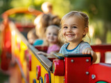 A cheerful young girl enjoys a fun ride on a vibrant amusement park ride, full of colors and joy, with friends in the background.