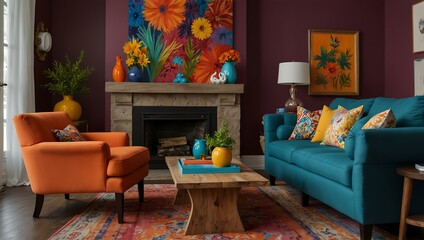 Living room with vibrant decor and cozy ambiance.