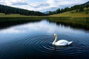 Tranquil Swan Serenade Majestic White Bird in Calm Lake Amidst Verdant Landscape - Peaceful Nature Scene for Relaxation and Meditation