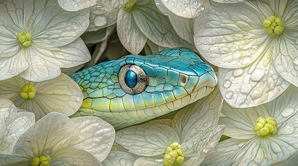 Poster -   Close-up of a blue and green snake amidst white and green flowers with droplets on its eyes