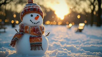 Poster -   A snowman stands in snow with a scarf and hat