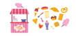 © Anastasiia Zaika - Doodle sweets and desserts set. Cotton candy, ice cream, buns, donut, croissant, cinnamon and cookies. Pastry shop counter. Cartoon vector stickers