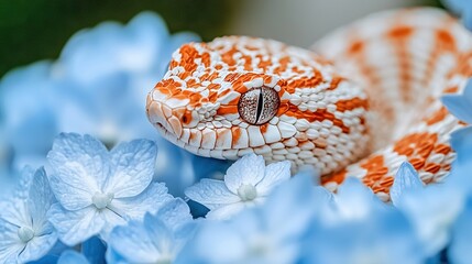 Wall Mural -  A white snake rests on top of a blue flower filled with white and orange blossoms during a bright sunny day