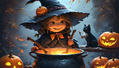 Playful Halloween Witch Stirring a Cauldron in a Whimsical Cartoon Illustration